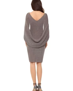 Betsy & Adam Dresses|Dresses<Short Rouched Metallic Knit Drape Back Sleeve Taupe/Silver