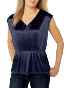 Liverpool Los Angeles Shirts & Tops|Shirts & Tops<Short Sleeve Dolman V-Neck Peplum Knit Top Navy