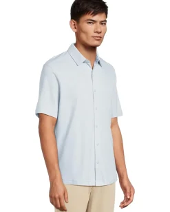 Johnston & Murphy Activewear<Short Sleeve J&M Flex Birdseye Button Front Blue