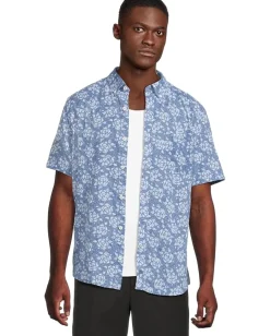 Activewear|Johnston & Murphy Short Sleeve Rose Print Linen Shirt Navy