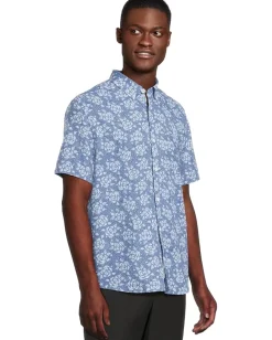 Activewear|Johnston & Murphy Short Sleeve Rose Print Linen Shirt Navy