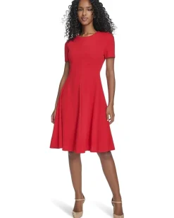Calvin Klein Short Sleeve Scuba Crepe A-Line Red Discount