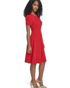 Calvin Klein Short Sleeve Scuba Crepe A-Line Red Discount