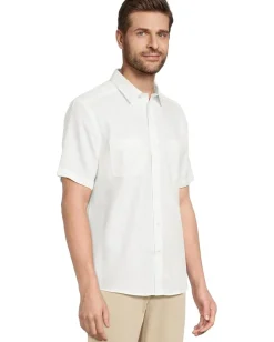 Activewear|Johnston & Murphy Short Sleeve Tonal Box Linen Shirt White