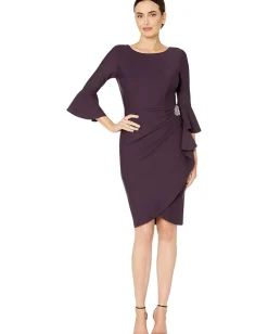 Dresses|Dresses|Alex Evenings Short Slimming Dress with Bell Sleeves Aubergine