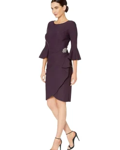 Dresses|Dresses|Alex Evenings Short Slimming Dress with Bell Sleeves Aubergine