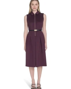 Dresses|Dresses|Calvin Klein Sleeveless Scuba Belted Zipper Dress Aubergine