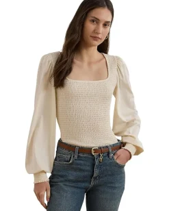 Women Lauren Ralph Lauren Smocked Jersey Blouson Sleeve Top