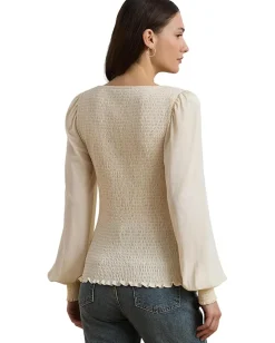 Women Lauren Ralph Lauren Smocked Jersey Blouson Sleeve Top