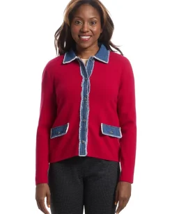 Elliott Lauren Sweaters<Stitch Perfect - Button Closure - Sweater Jacket with Denim Trim detail Red