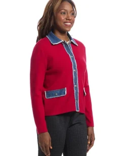 Elliott Lauren Sweaters<Stitch Perfect - Button Closure - Sweater Jacket with Denim Trim detail Red