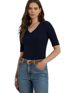 Women Lauren Ralph Lauren Stretch Cotton Elbow-Sleeve V-Neck Tee