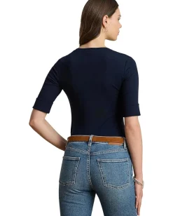 Women Lauren Ralph Lauren Stretch Cotton Elbow-Sleeve V-Neck Tee