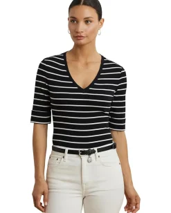 Lauren Ralph Lauren Shirts & Tops|Shirts & Tops<Striped Cotton Elbow-sleeve V-neck Tee Black/White