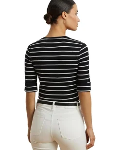 Lauren Ralph Lauren Shirts & Tops|Shirts & Tops<Striped Cotton Elbow-sleeve V-neck Tee Black/White