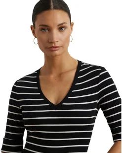 Lauren Ralph Lauren Shirts & Tops|Shirts & Tops<Striped Cotton Elbow-sleeve V-neck Tee Black/White
