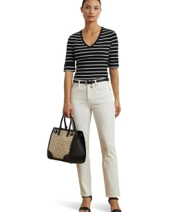 Lauren Ralph Lauren Shirts & Tops|Shirts & Tops<Striped Cotton Elbow-sleeve V-neck Tee Black/White