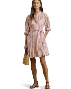 Dresses|Dresses|Lauren Ralph Lauren Striped Voile Blouson Sleeve Shirtdress Rose Blush Multi