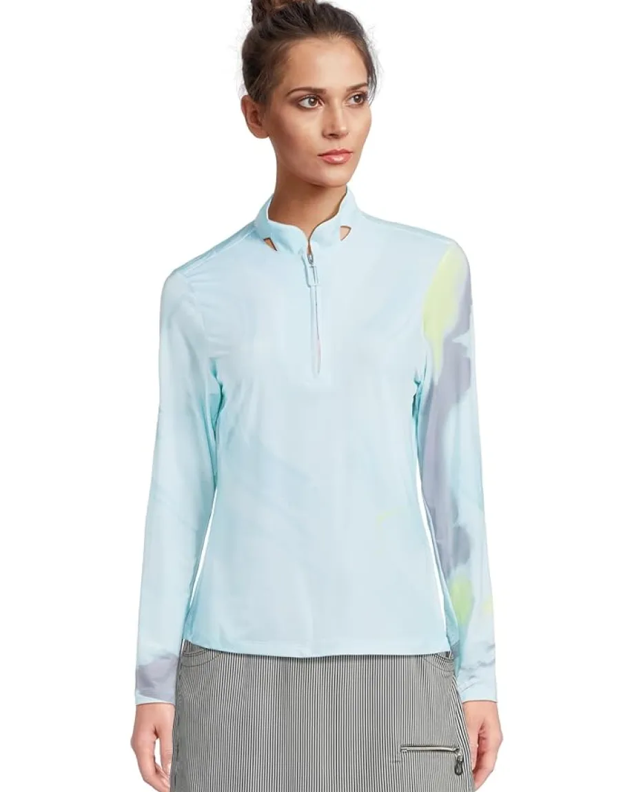 Jamie Sadock Sunsense Feathers Print Long Sleeve 1/4 Zip Sun Protection Top Light Blue Clearance