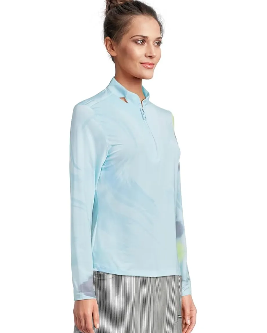 Jamie Sadock Sunsense Feathers Print Long Sleeve 1/4 Zip Sun Protection Top Light Blue Clearance