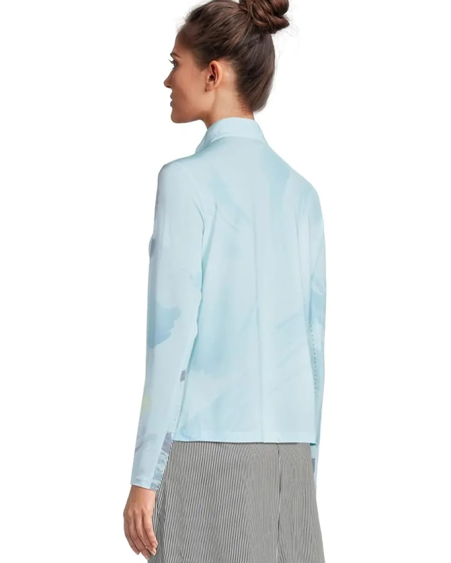 Jamie Sadock Sunsense Feathers Print Long Sleeve 1/4 Zip Sun Protection Top Light Blue Clearance