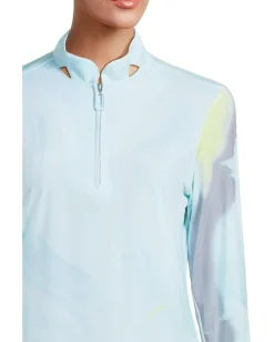 Jamie Sadock Sunsense Feathers Print Long Sleeve 1/4 Zip Sun Protection Top Light Blue Clearance