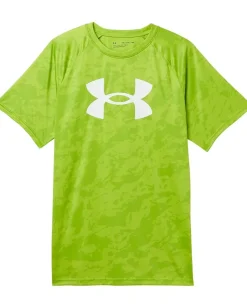 Clothing|Under Armour Kids Tech Big Logo Short Sleeve (Big Kids) Green Vibe/White