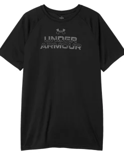 Clothing|Under Armour Kids Tech Split Wordmark Short Sleeve T Shirt (Big Kid) Black/Castlerock