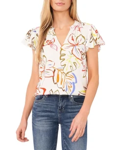 CeCe Shirts & Tops|Shirts & Tops<V-Neck Shirred Flutter Sleeve Blouse New Ivory