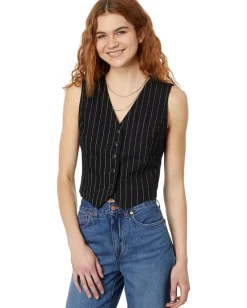 Women Madewell Wool Button-Front Vest in Pinstripe